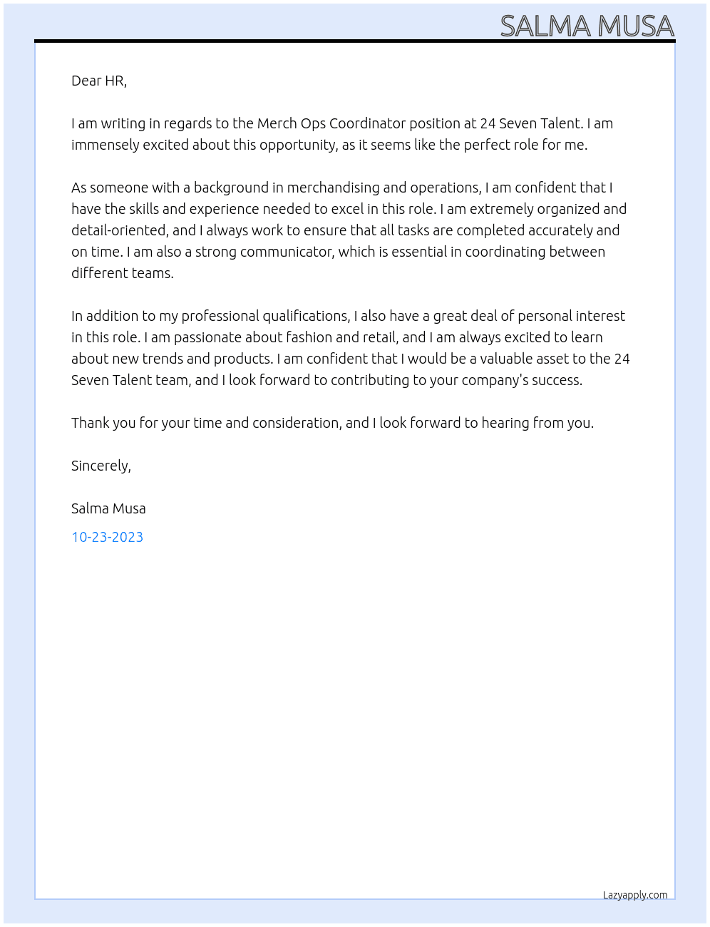 Merch Ops Coordinator At 24 Seven Talent  Cover Letter