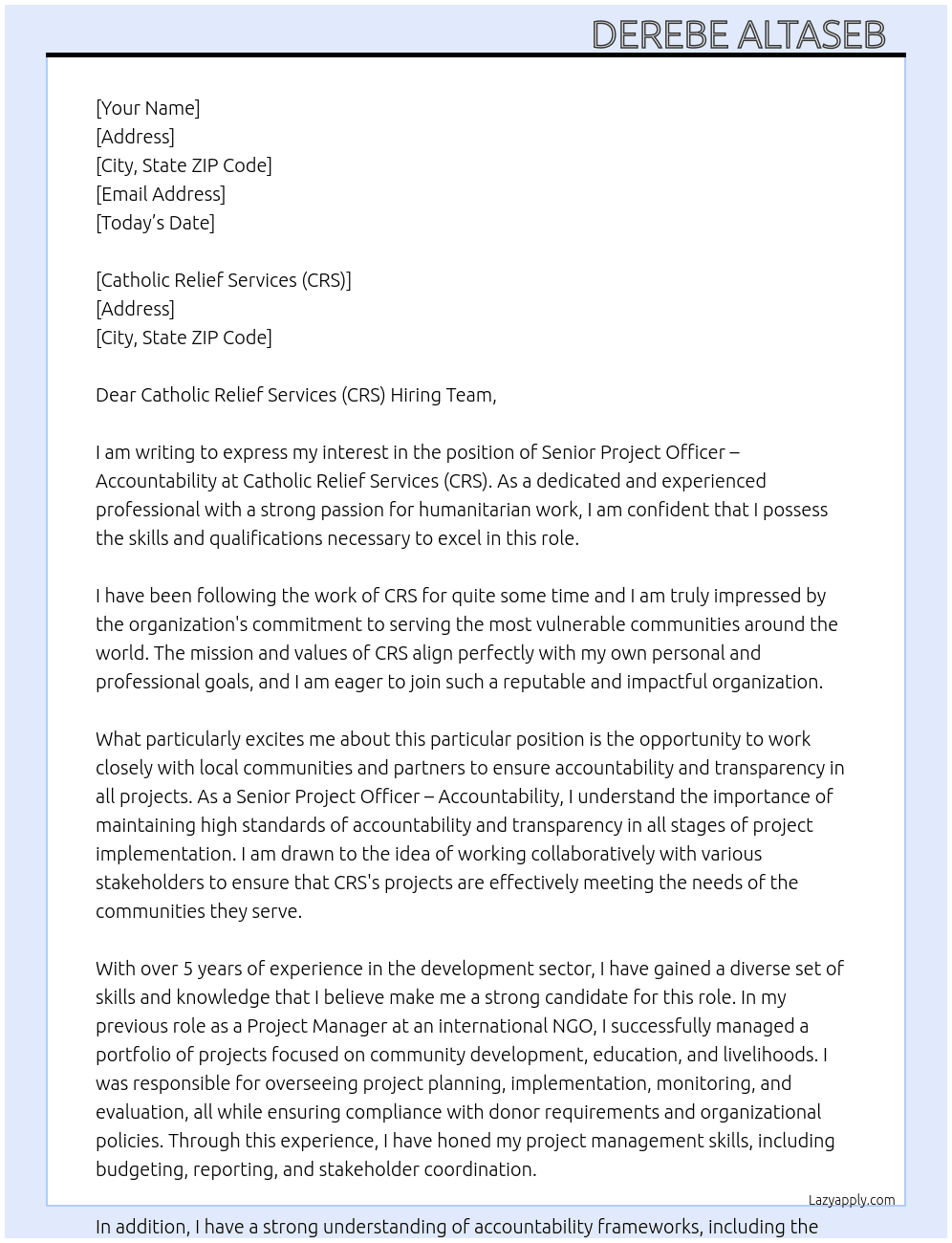 Senior Project Officer – Accountability At Catholic Relief Services (CRS) Cover Letter