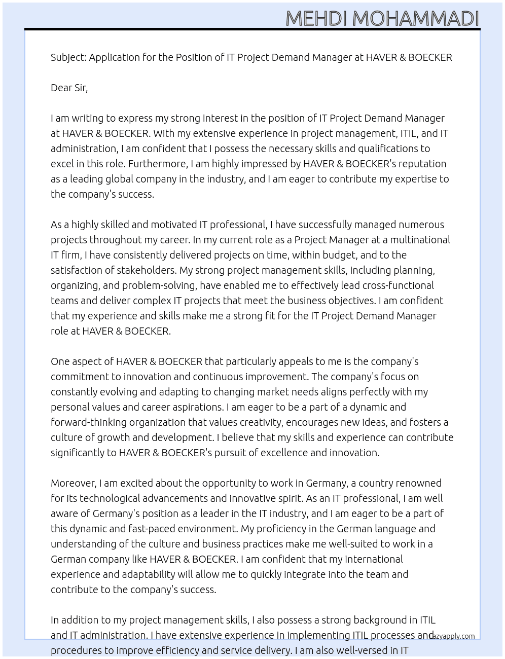 Cover letter for it projekt demand manager - LazyApply