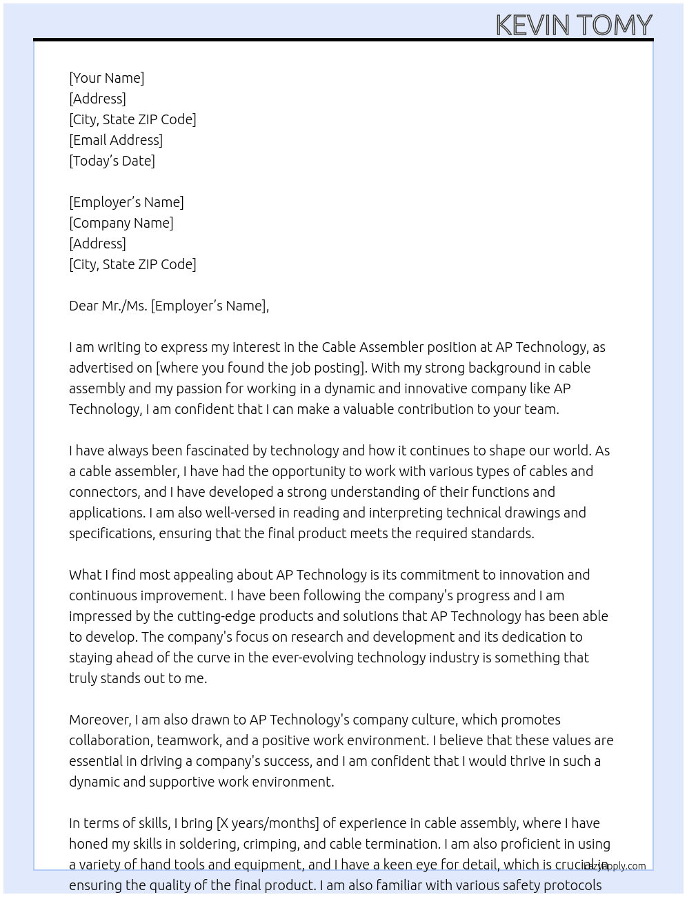 Cable Assembler At AP Technology Cover Letter