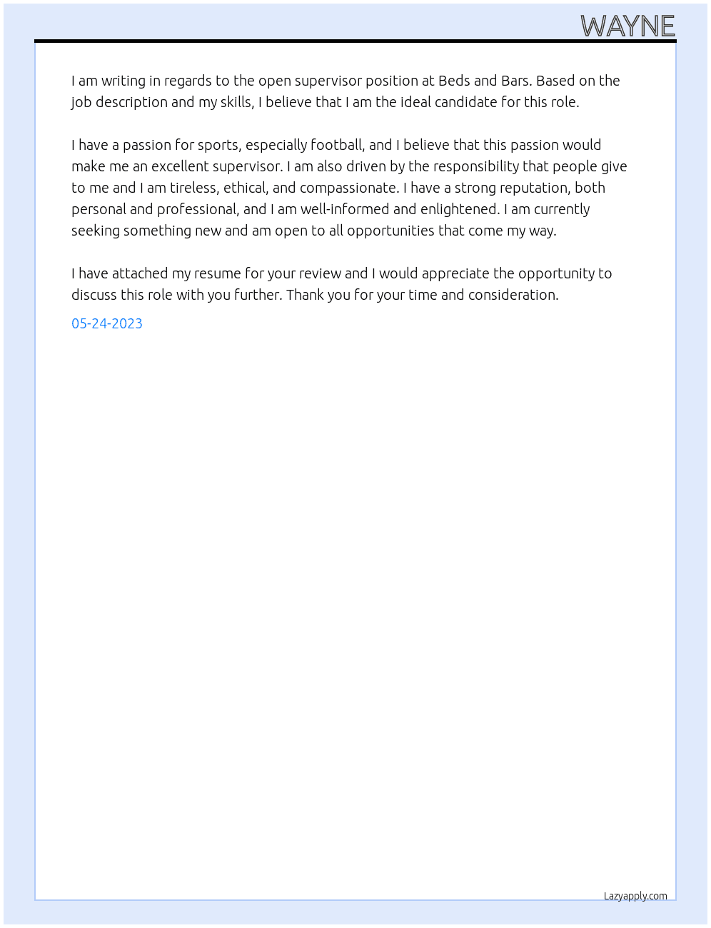 Supervisor At Beds and Bars Cover Letter