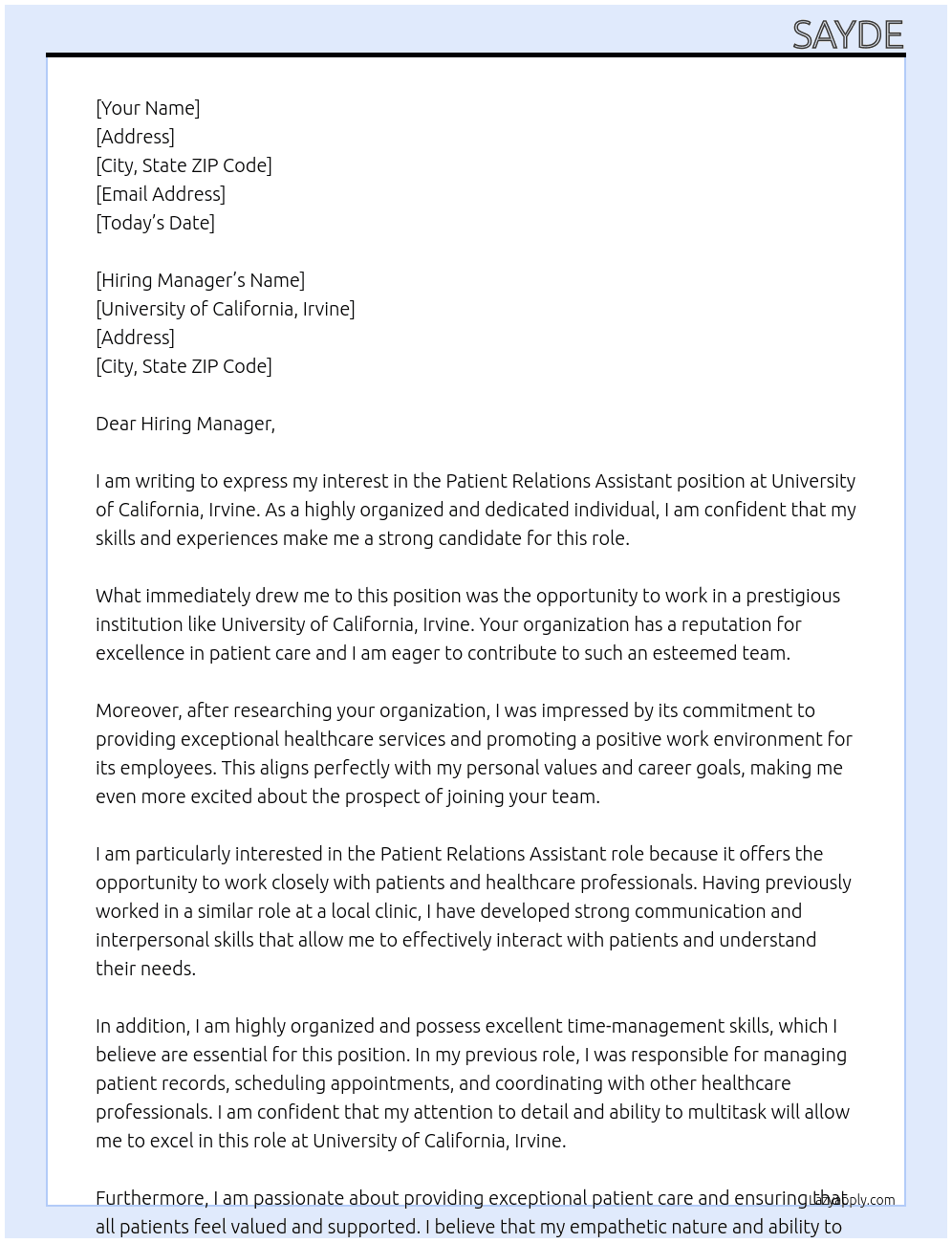 Patient Relations Assistant At University of California, Irvine Cover Letter