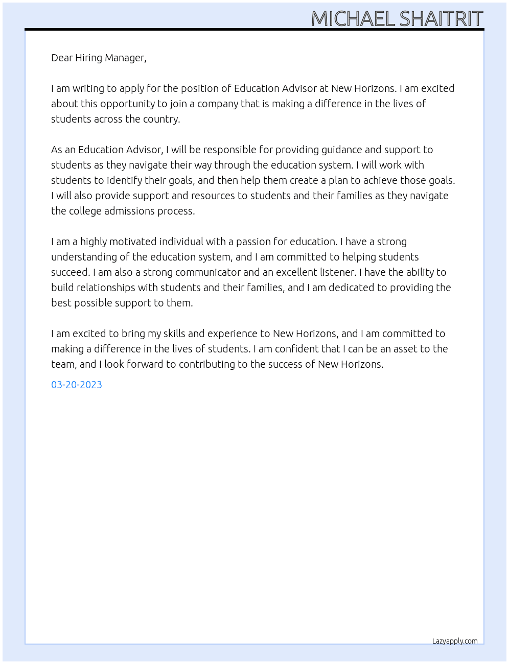 Education Advisor At New Horizons Cover Letter