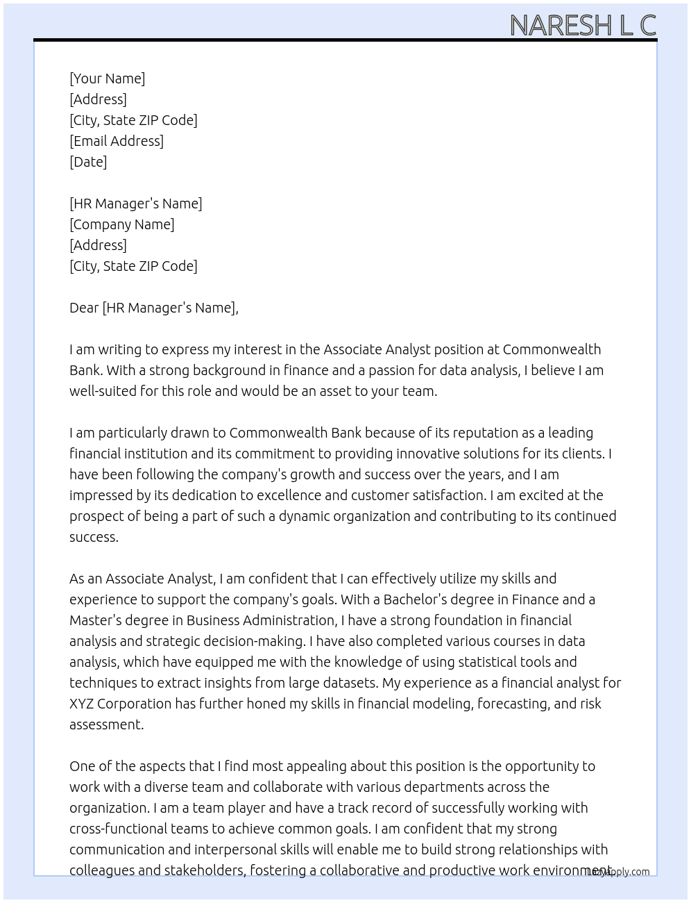associate analyst At Commonwealth bank Cover Letter