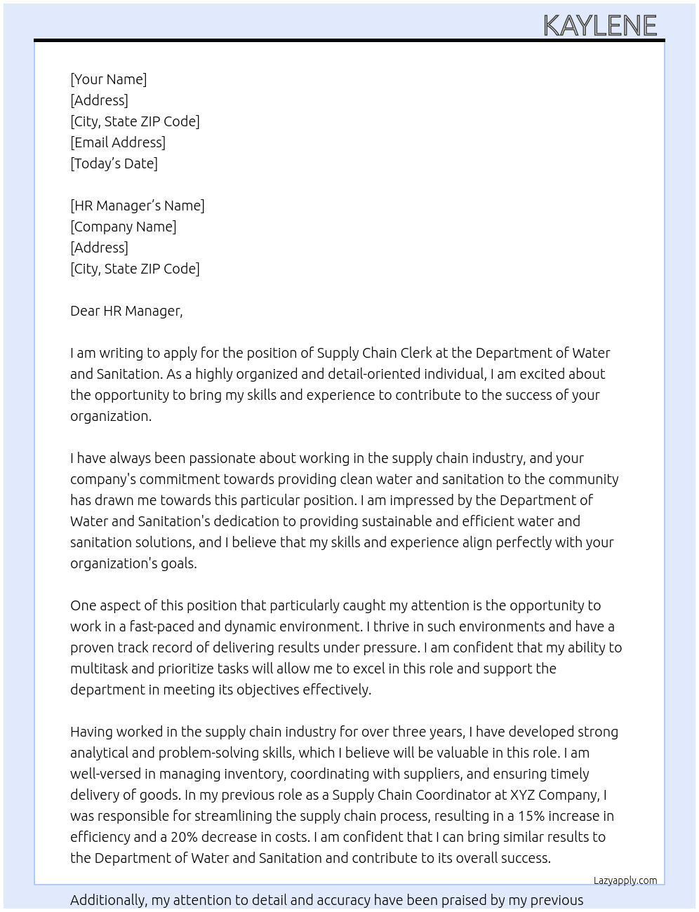 Supply chain clerk  At Department of water and sanitation  Cover Letter