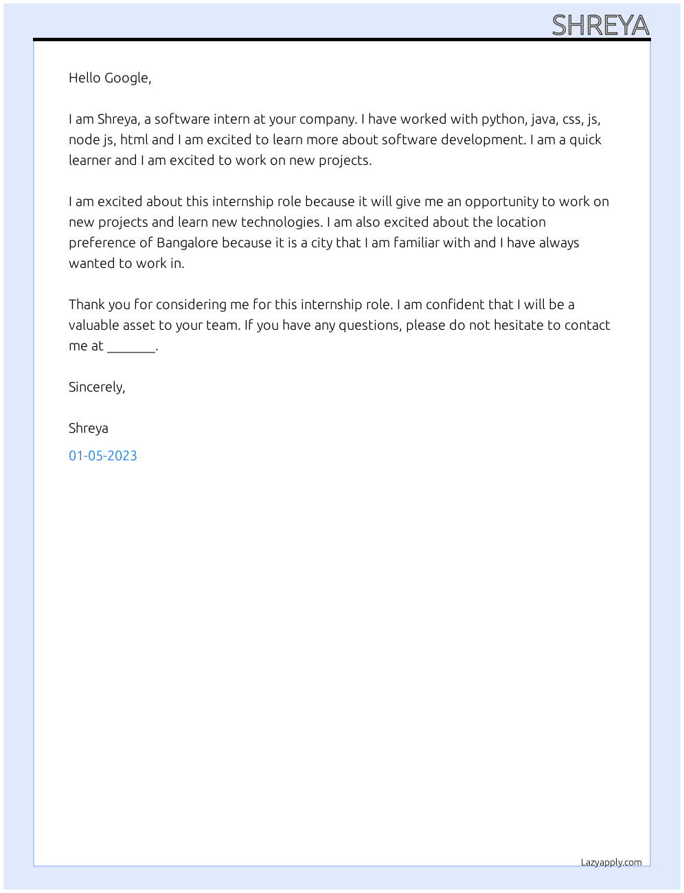Cover letter for sodtware intern - LazyApply