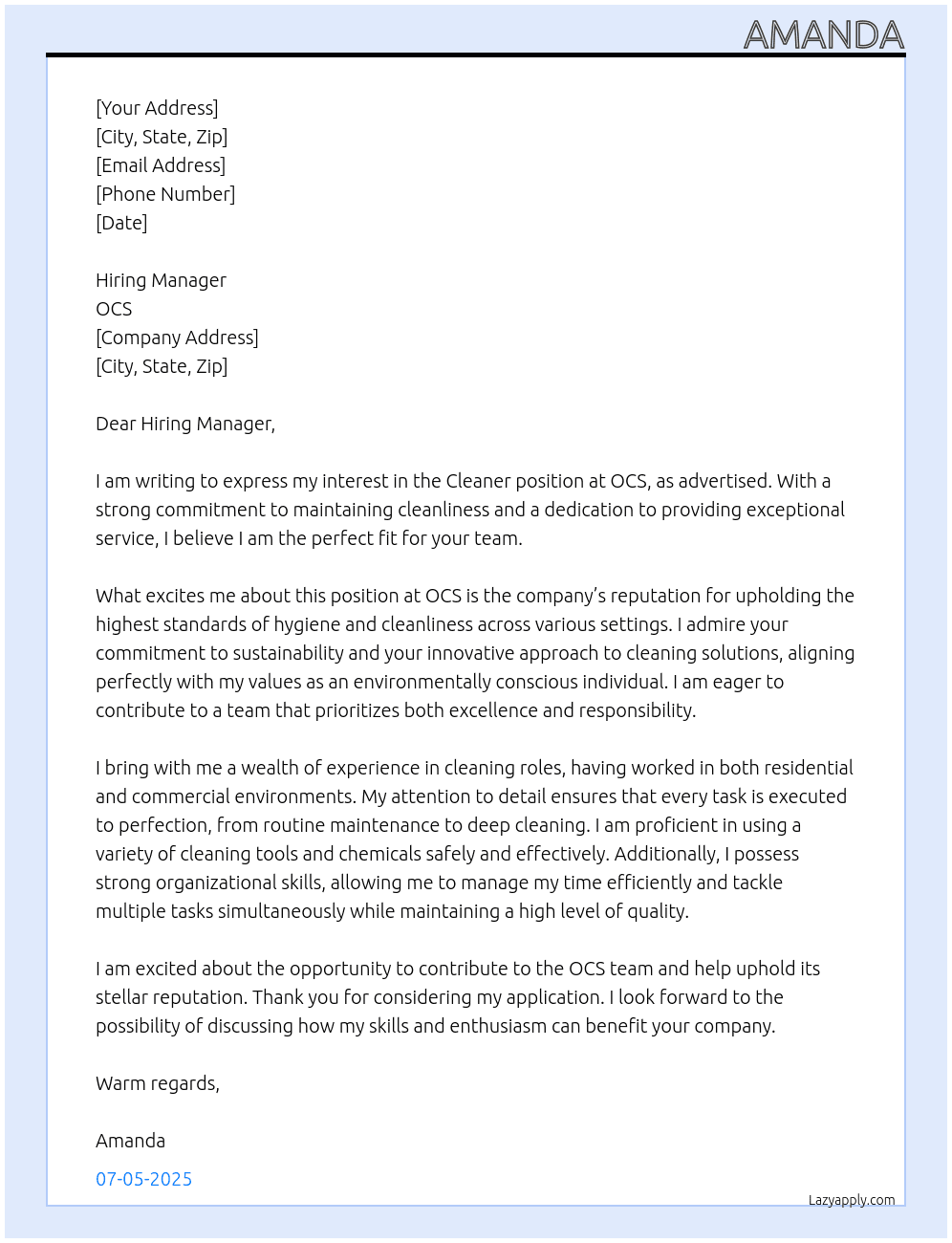 cleaner At ocs Cover Letter