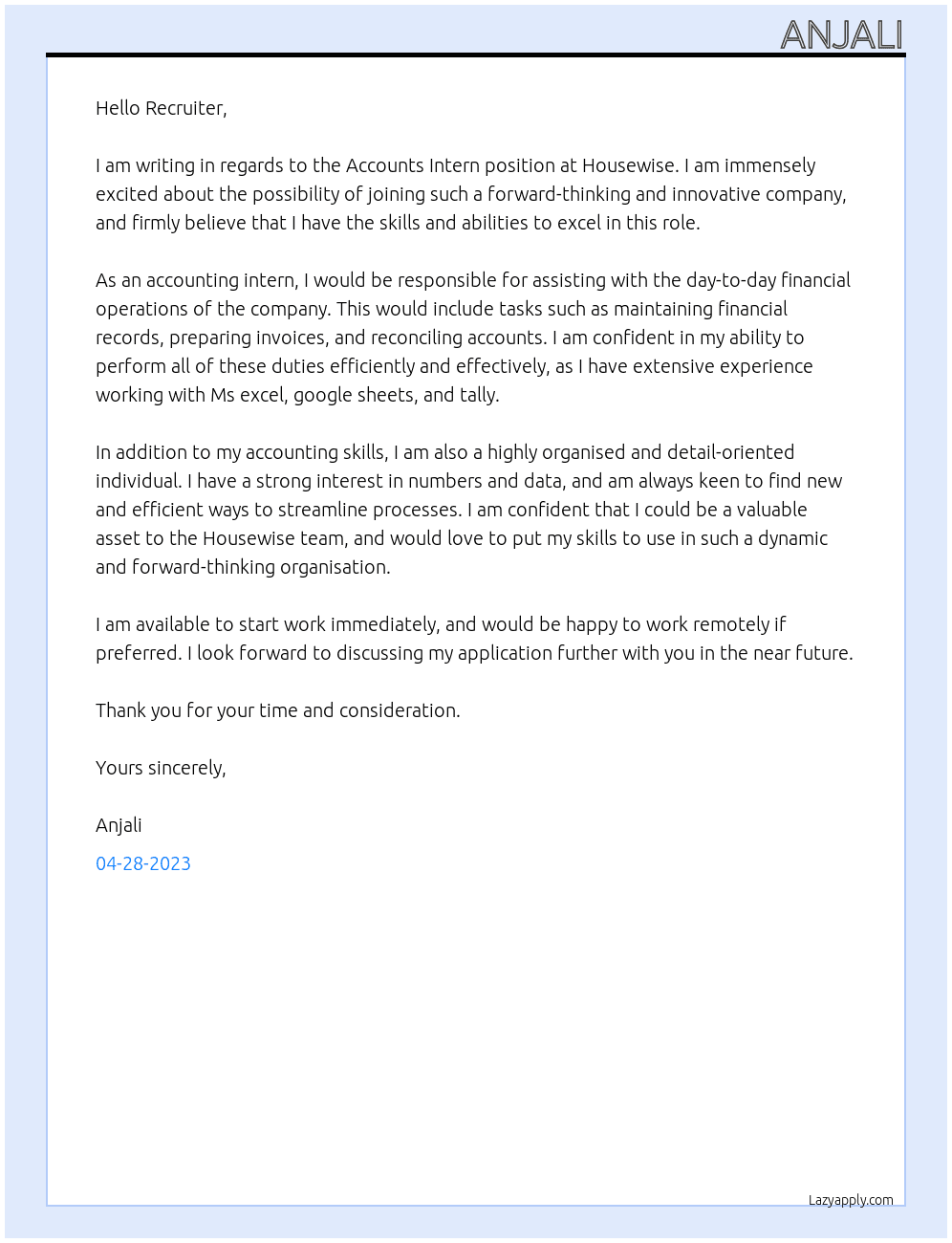 Accounts Intern At Housewise Cover Letter