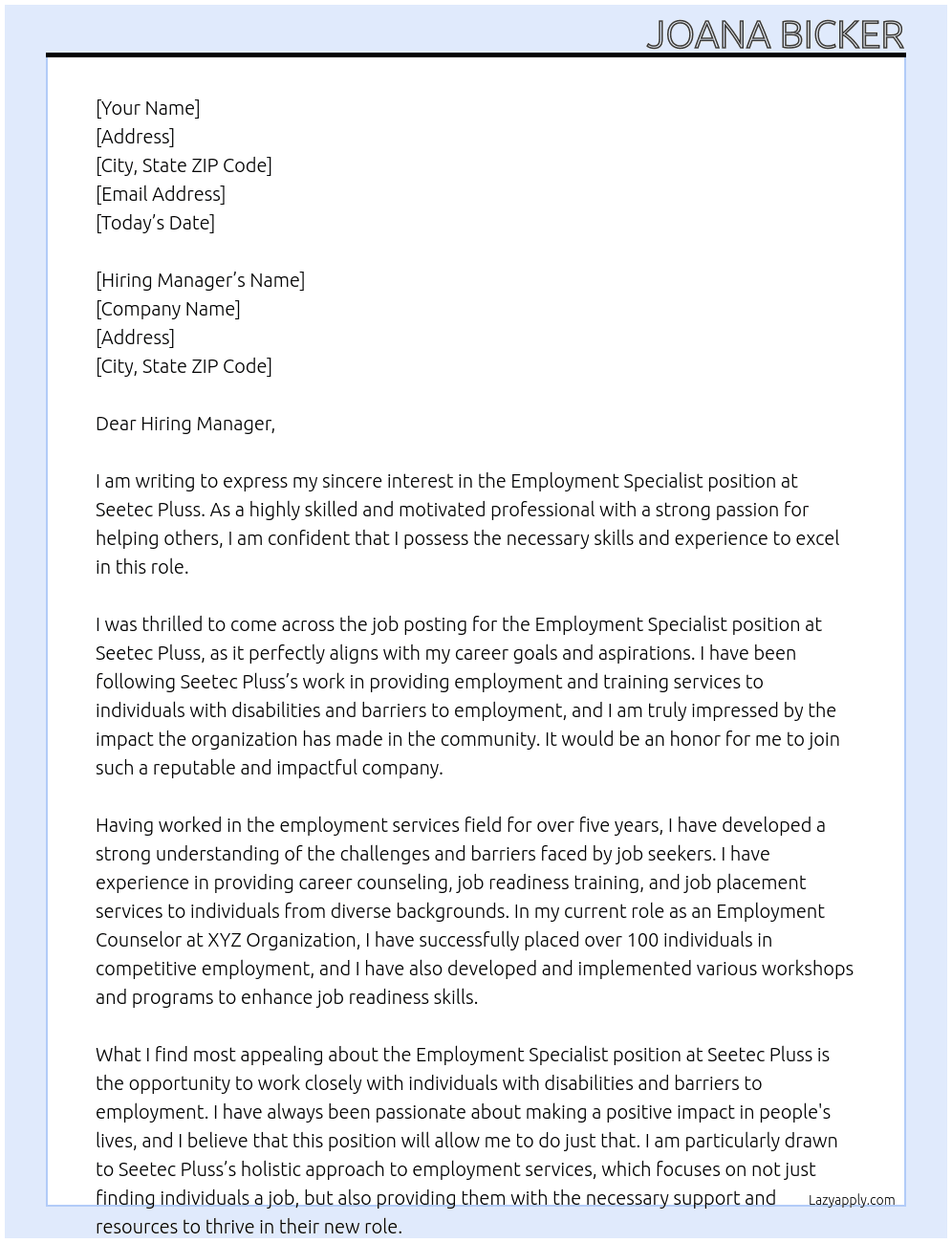 Employment Specialist At Seetec Pluss Cover Letter