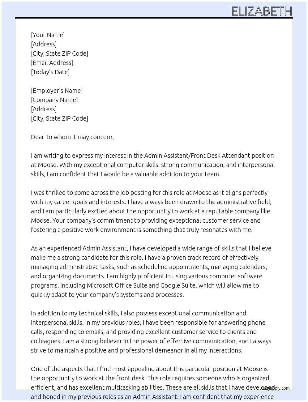 Admin Assistant / Front desk attendant At Moose Cover Letter