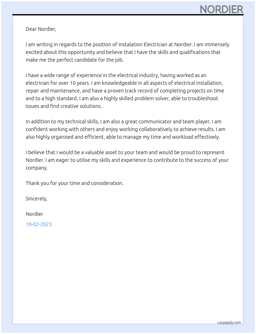 Instalation Electrician  At Nordier Cover Letter