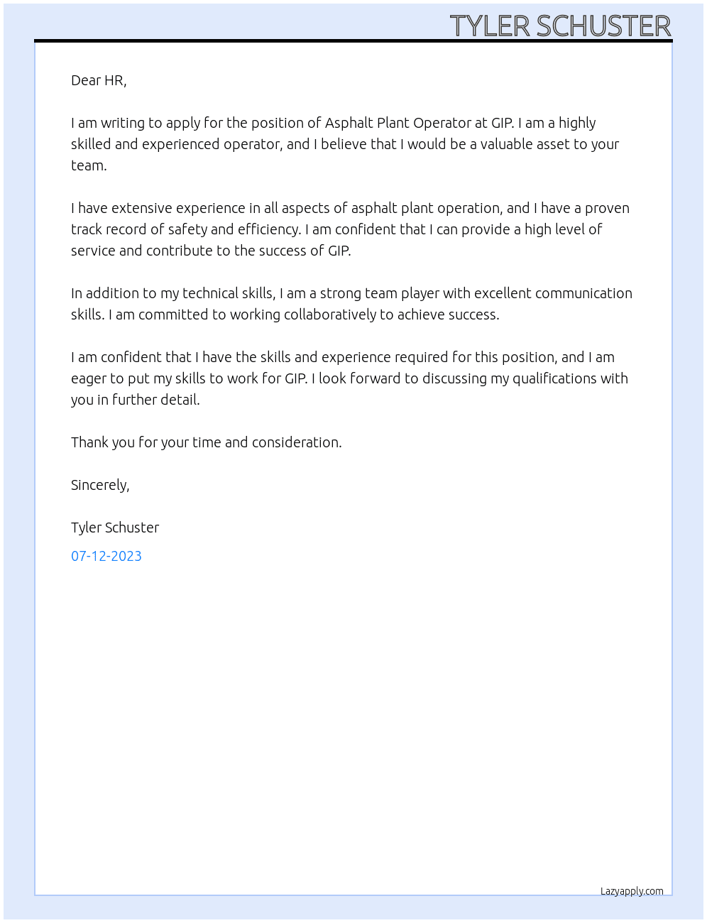 Asphalt plant operator  At GIP Cover Letter