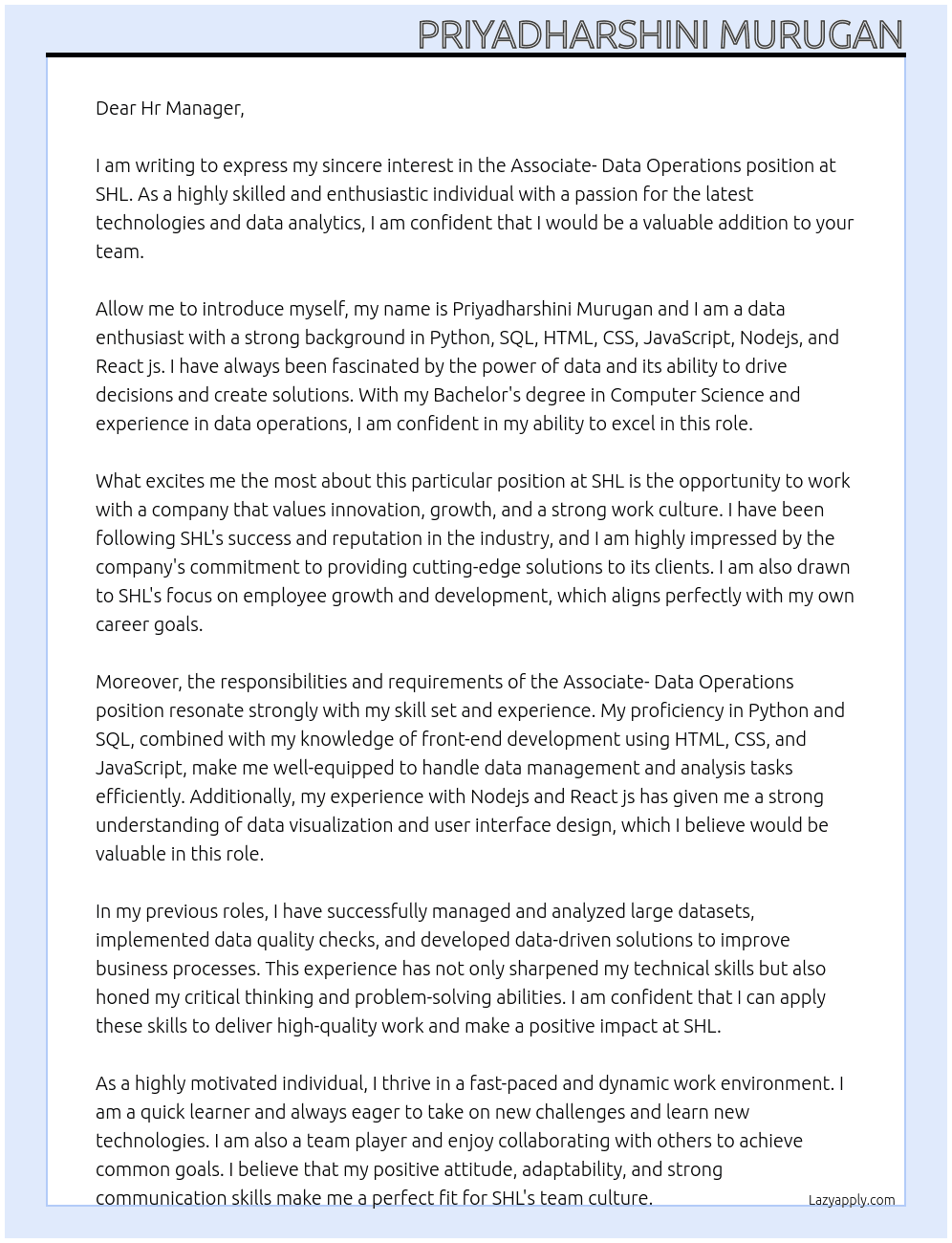 Associate - Data operations At SHL Cover Letter
