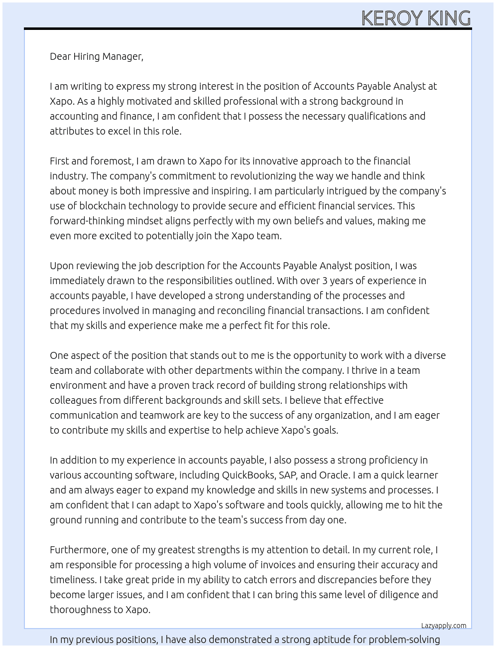 Accounts Payable Analyst At Xapo Cover Letter