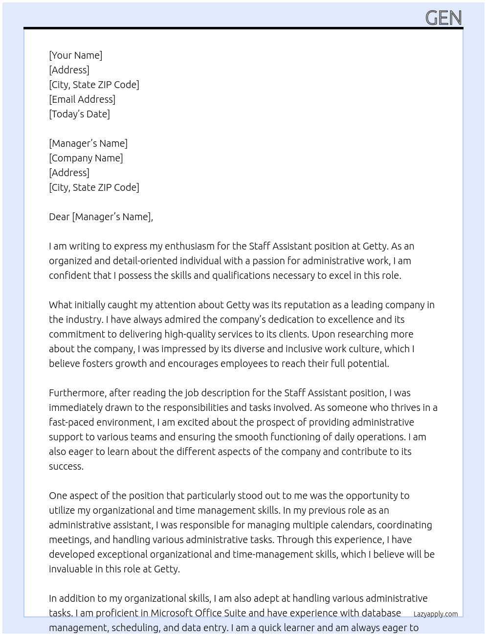 Staff Assistant At Getty Cover Letter