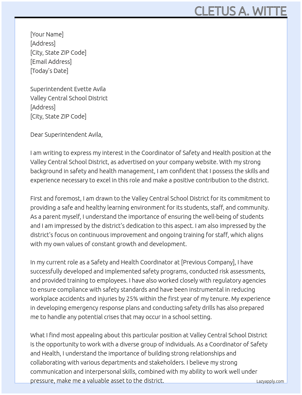 Coordinator of Safety and Health At Valley Cenrtral School District Cover Letter