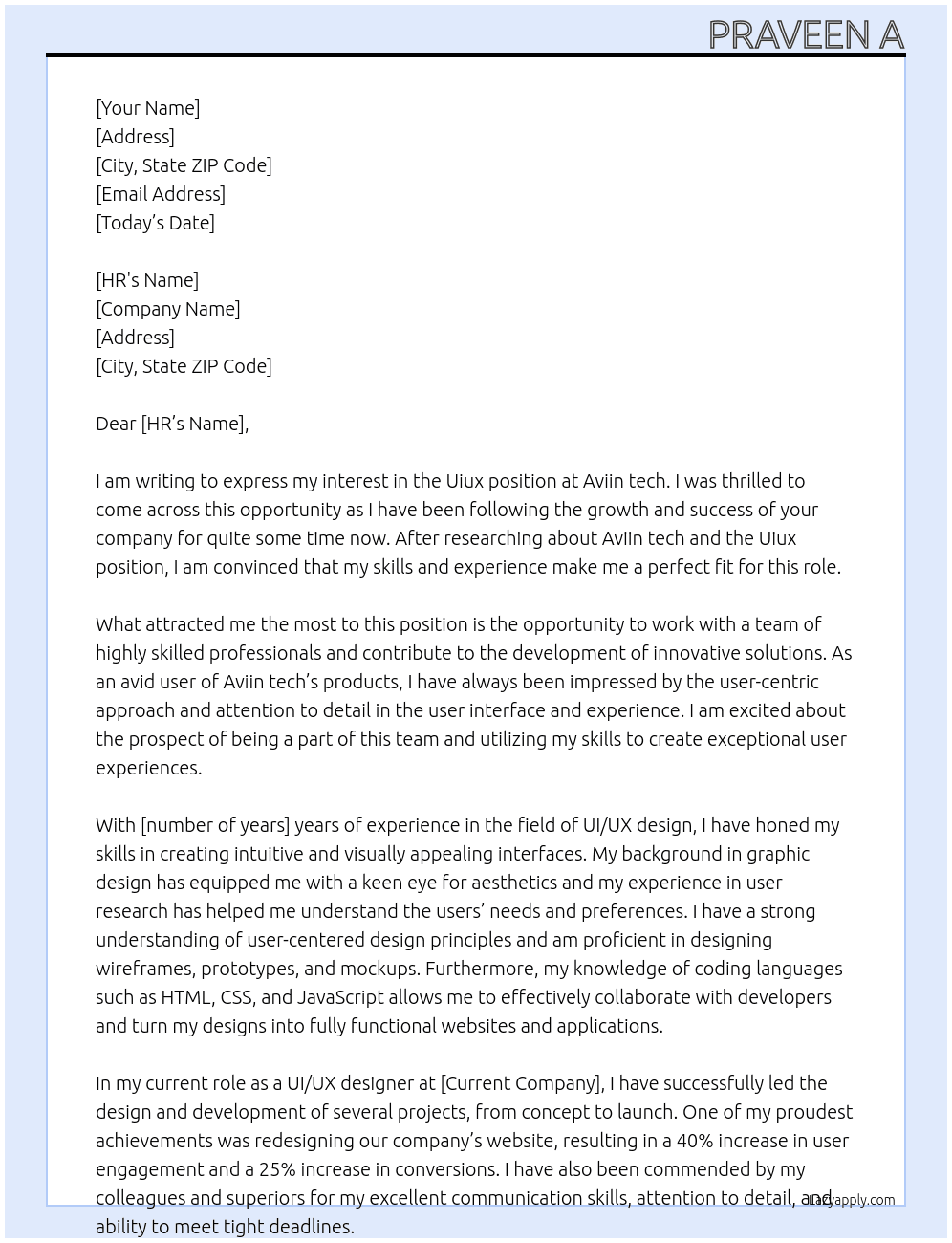 Uiux  At Aviin tech  Cover Letter