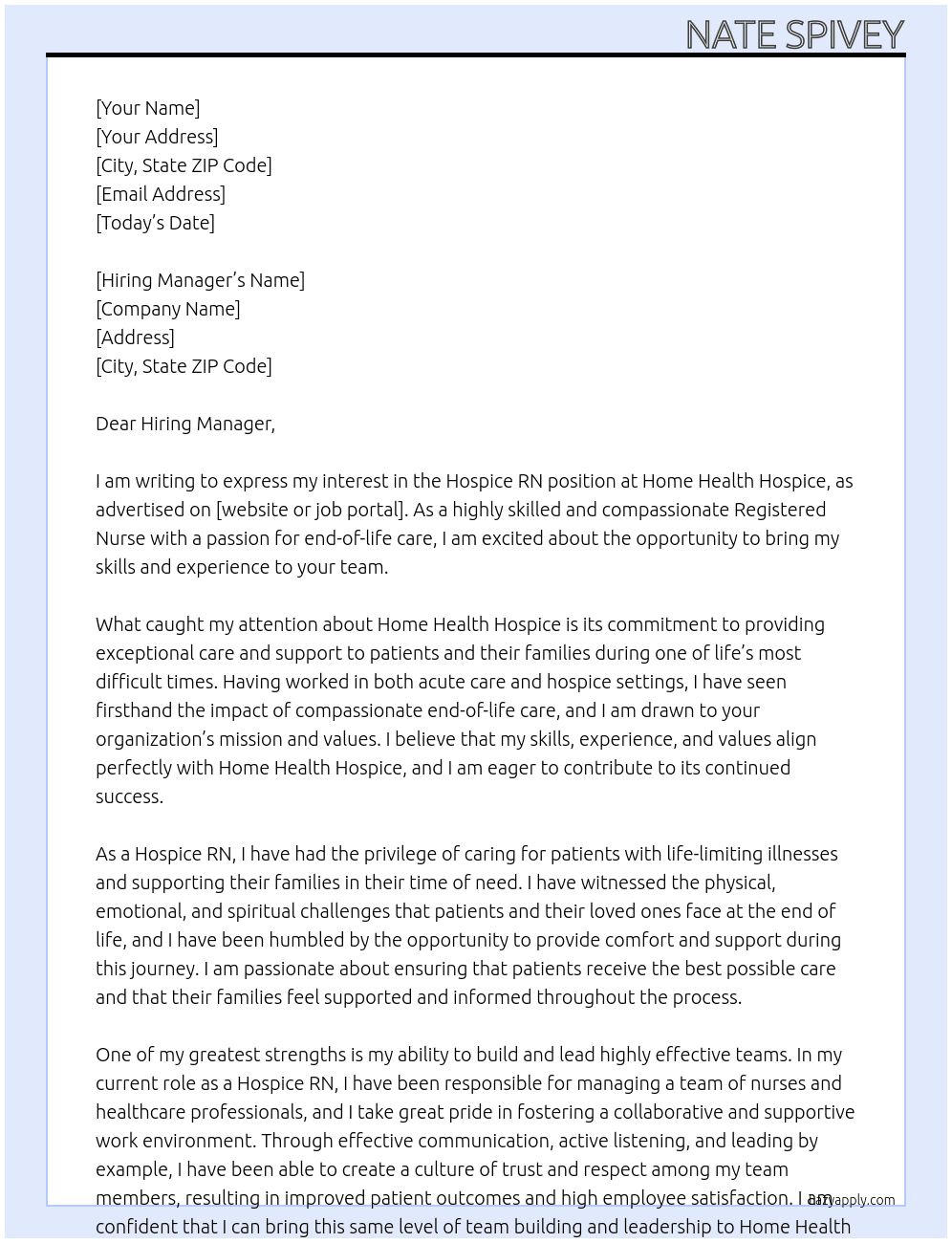 Hospice RN At Home Health Hospice Cover Letter