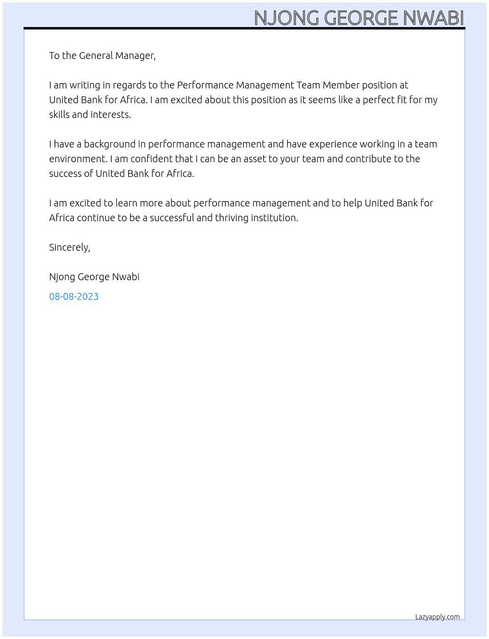 Performance Management Team Member At UNITED BANK FOR AFRICA Cover Letter