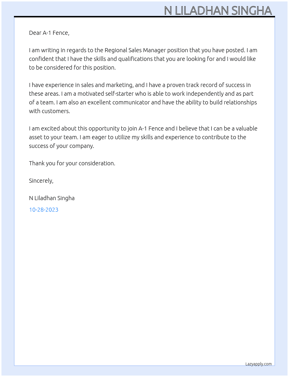 Regional Sales Manager At A-1 Fence Cover Letter