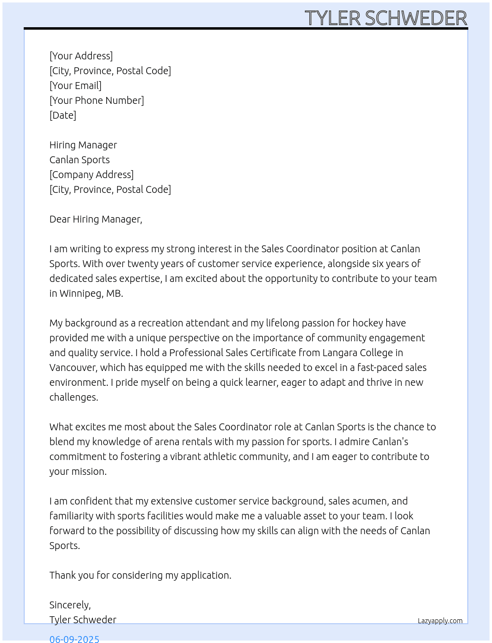 Sales Cordinator At Canlan Sports Cover Letter