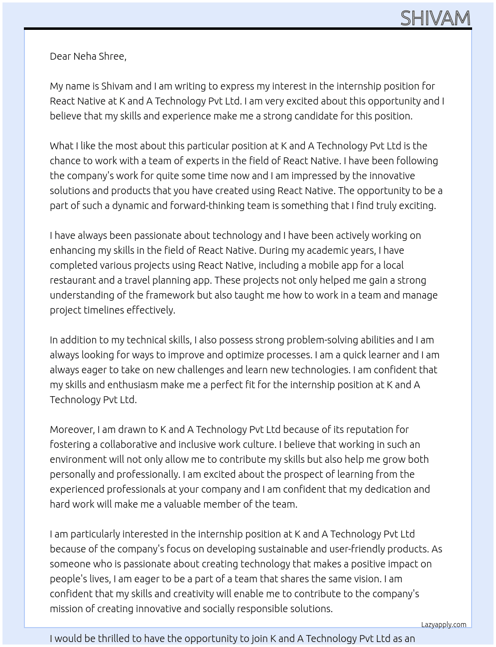 intership in react native  At K and A Technology Pvt Ltd Cover Letter