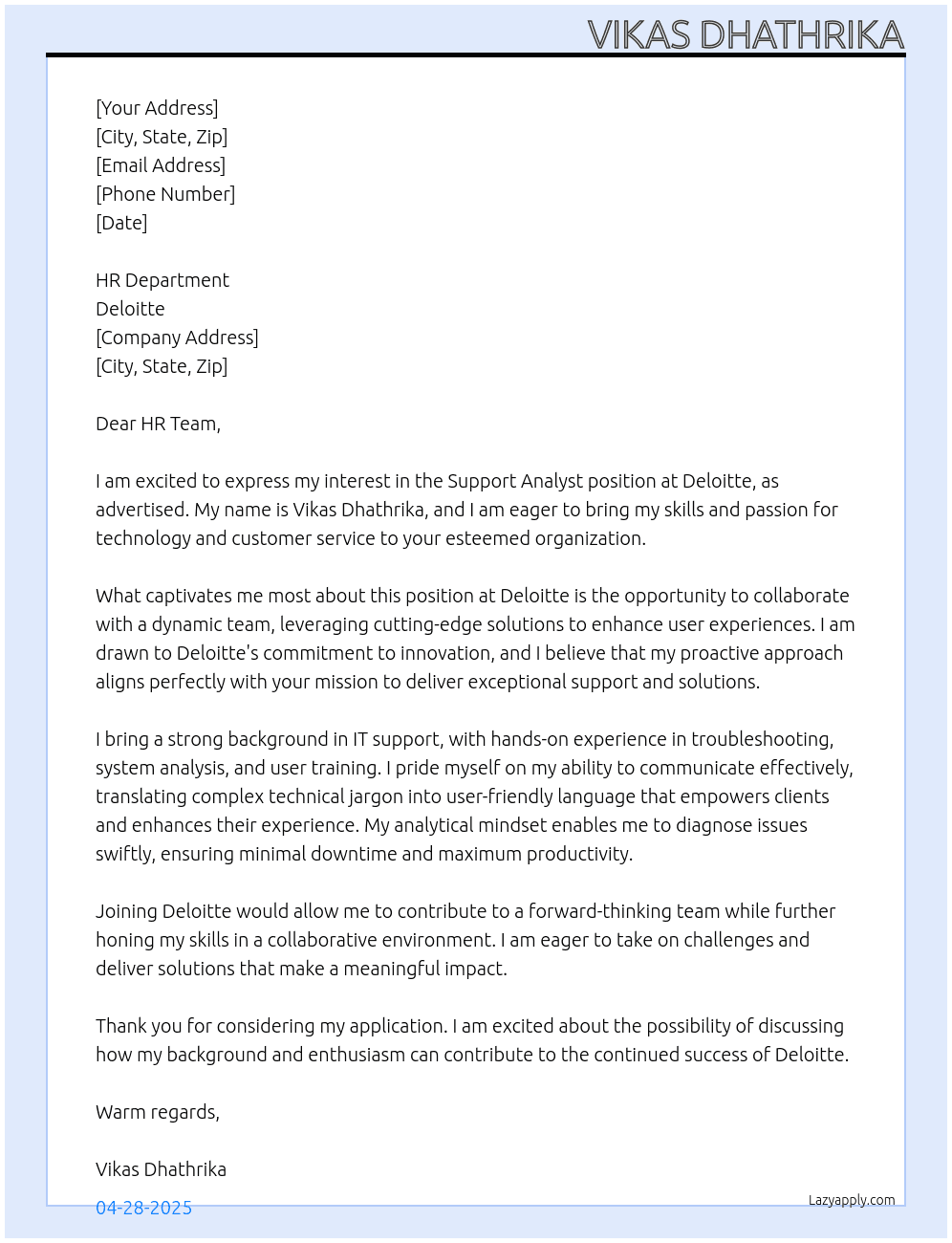 Cover letter for support analyst - LazyApply
