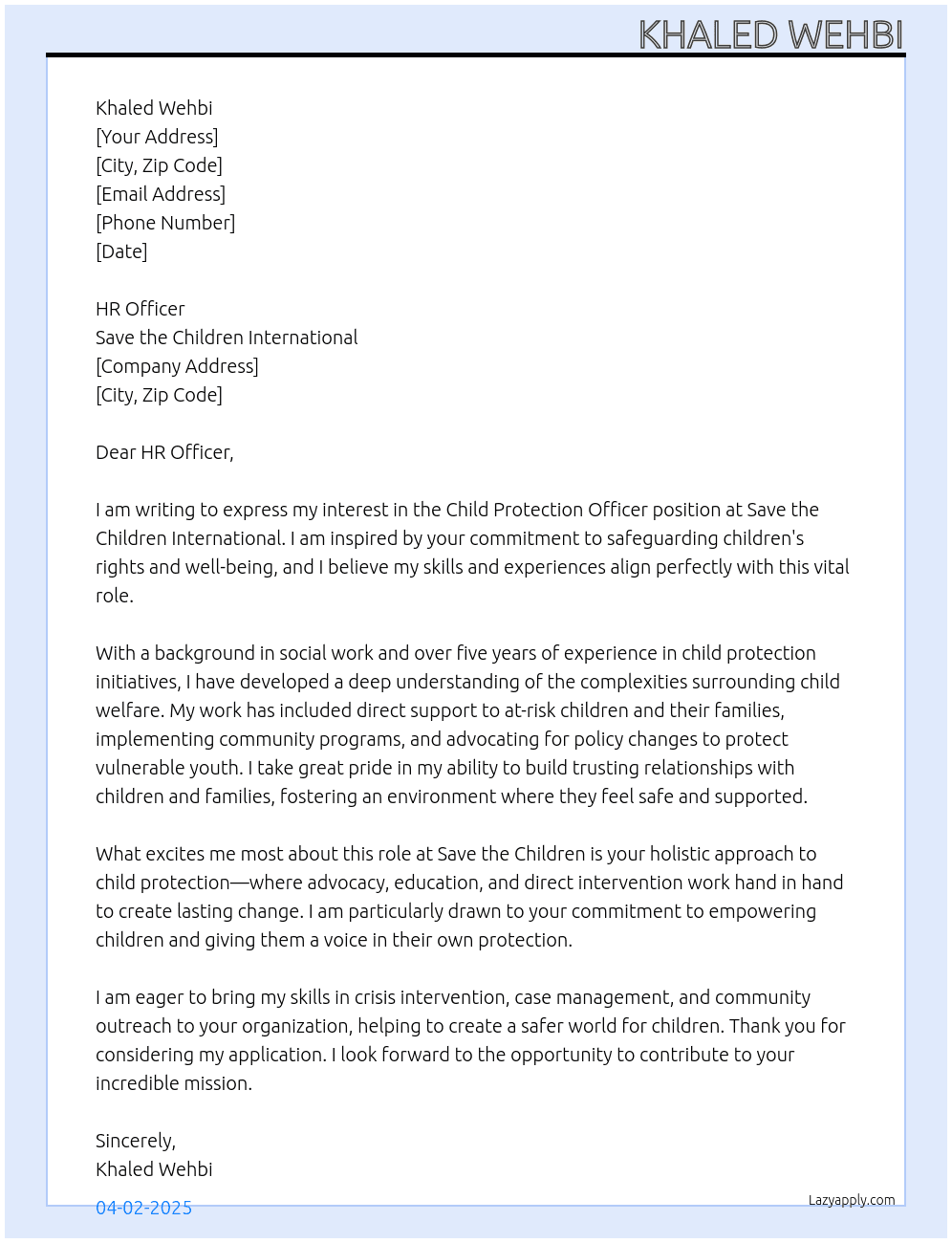 Child Protection Officer At Save the Children International Cover Letter