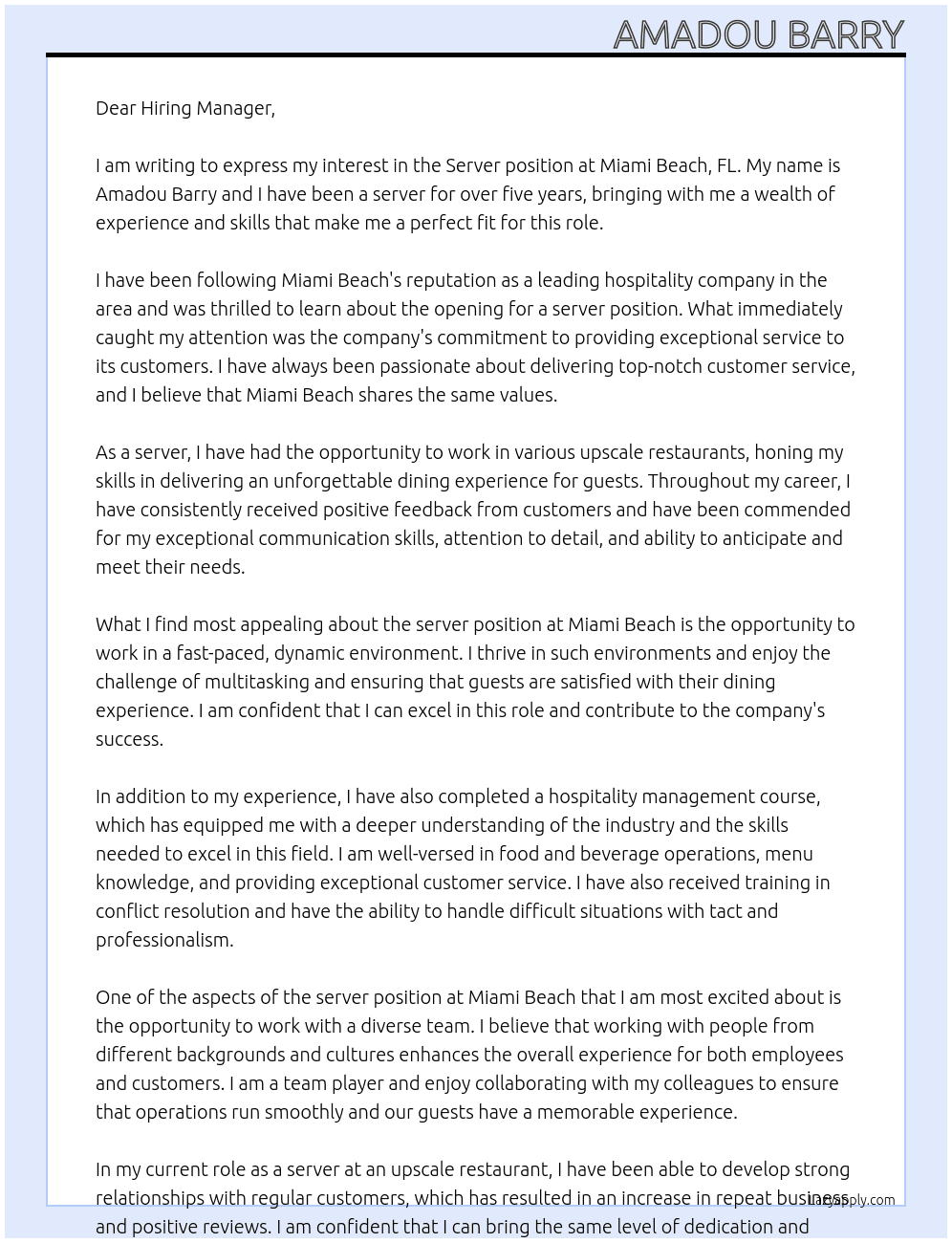 Server At Miami beach , FL Cover Letter