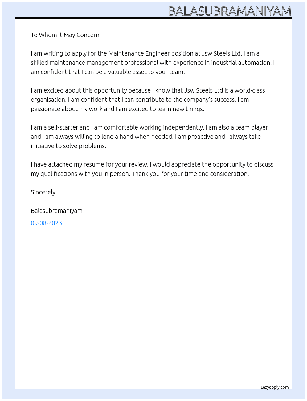 Maintenance Engineer At Jsw Steels Ltd Cover Letter