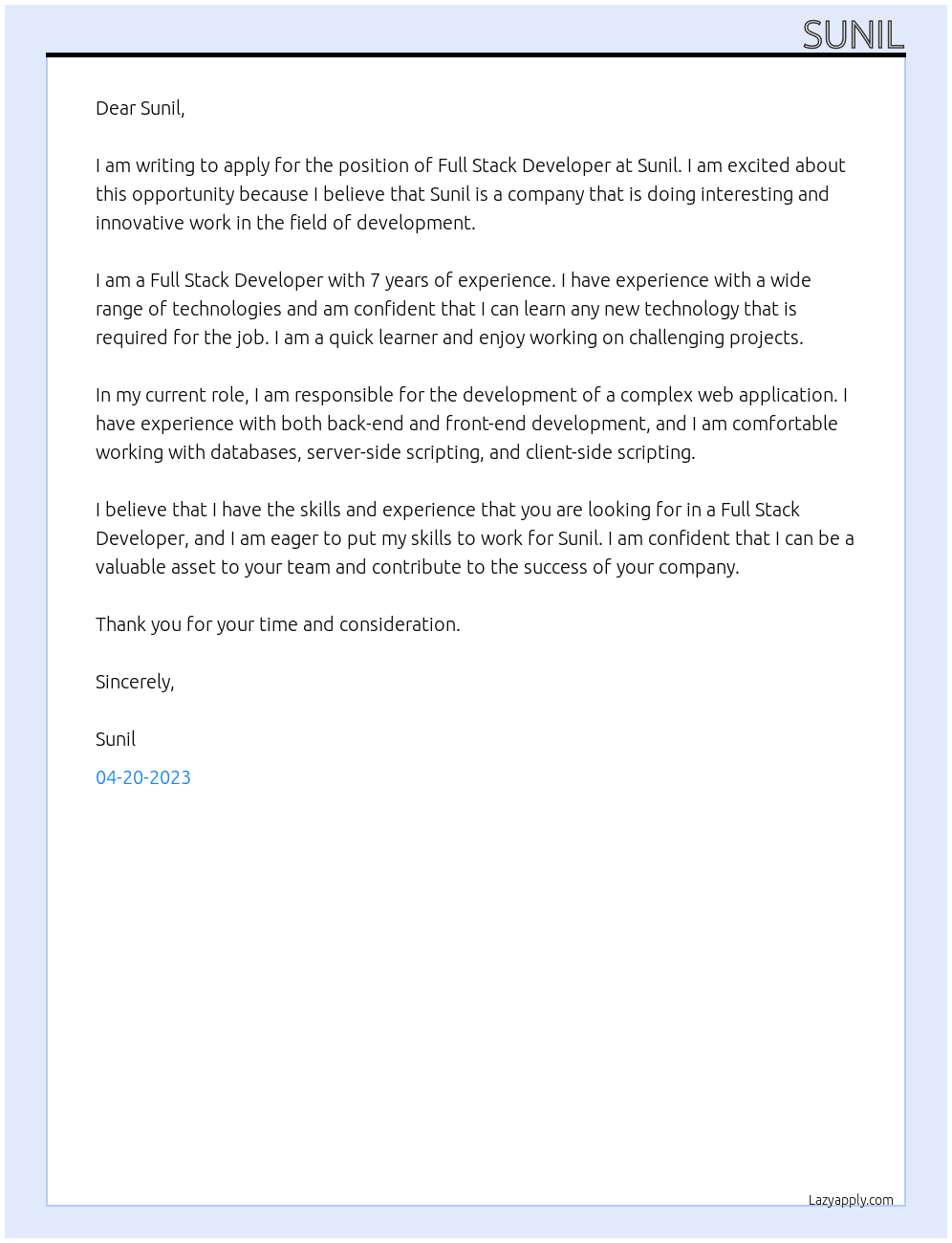 full stack developer At sunil Cover Letter