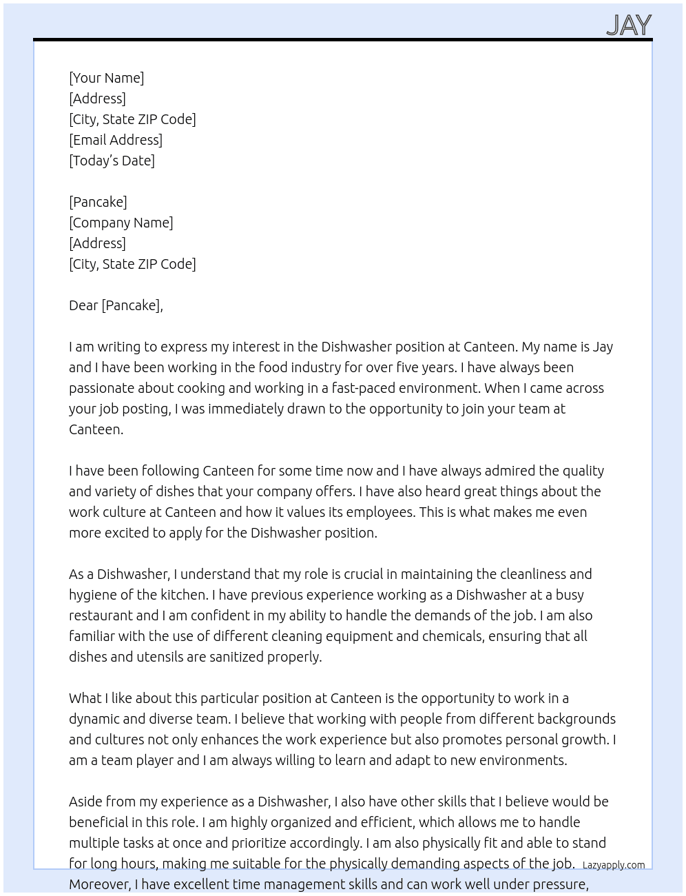 diswaher At canteen Cover Letter