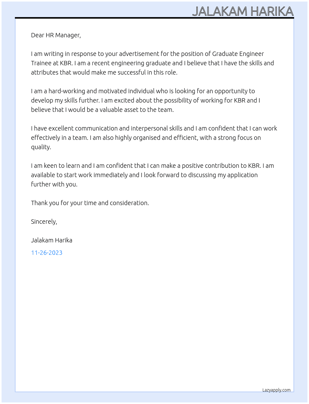 Graduate Engineer Trainee - fresher  At KBR Cover Letter
