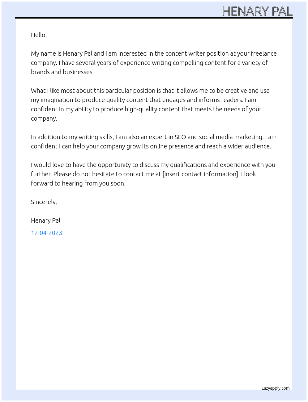 Content writer At Freelance company Cover Letter