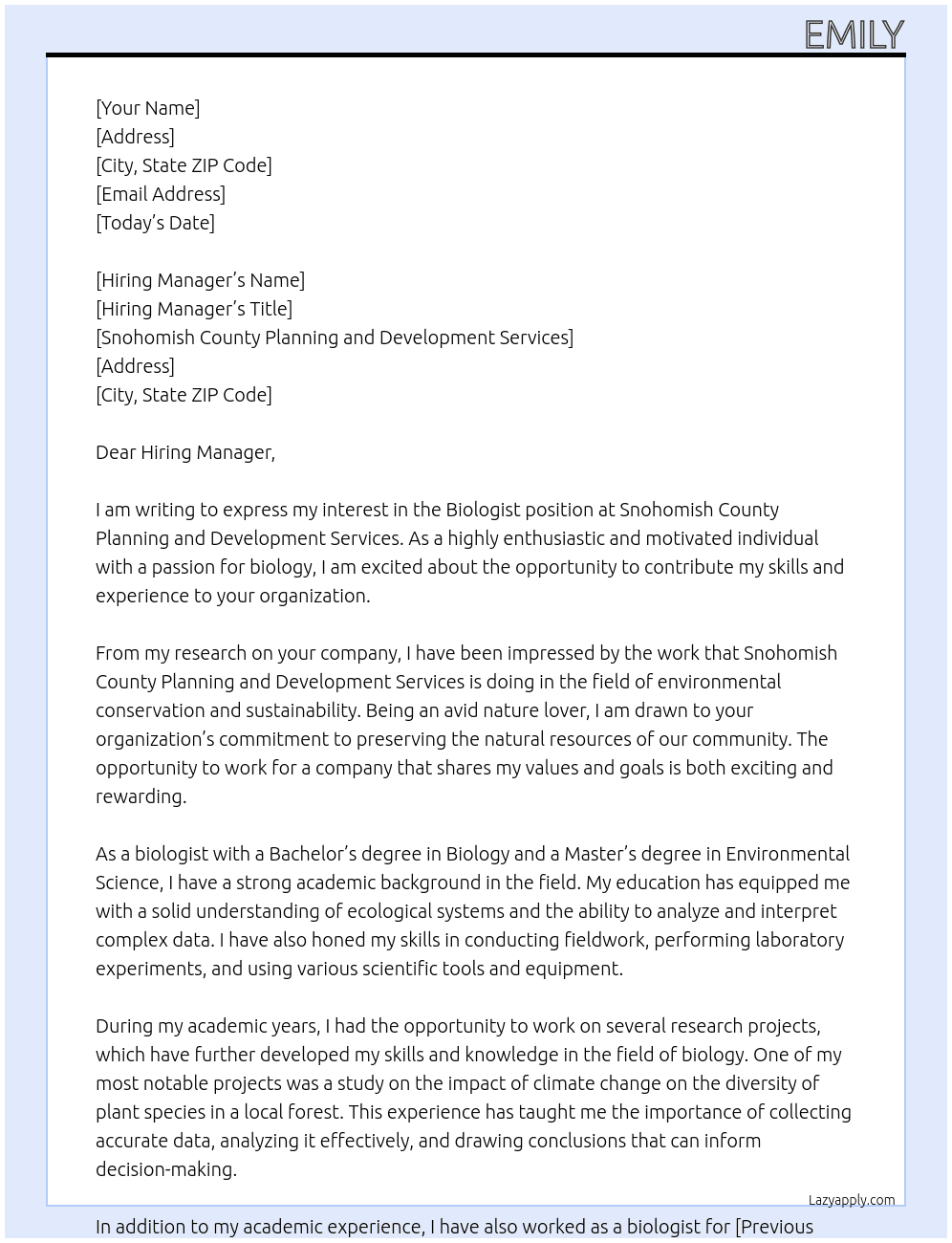 Biologist At  Snohomish County Planning and Development Services  Cover Letter