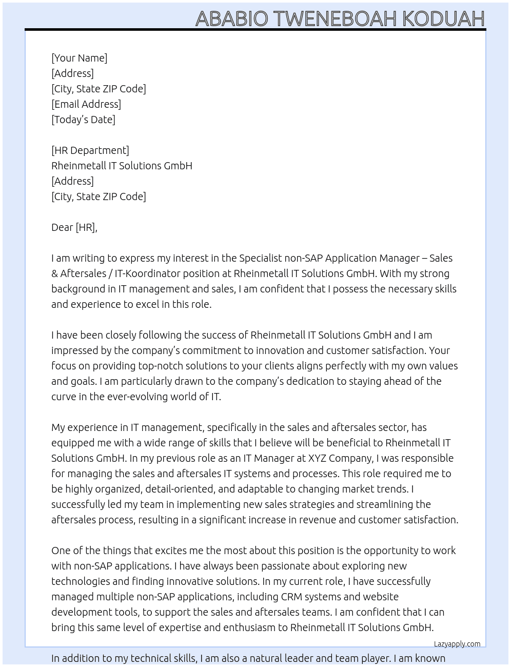 Specialist non-SAP Application Manager - Sales & Aftersales / IT-Koordinator At Rheinmetall IT Solutions GmbH Cover Letter