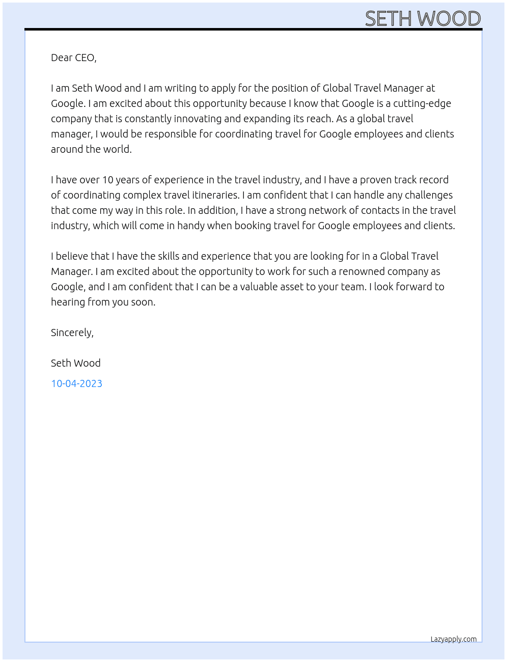 Cover letter for global travel manager - LazyApply