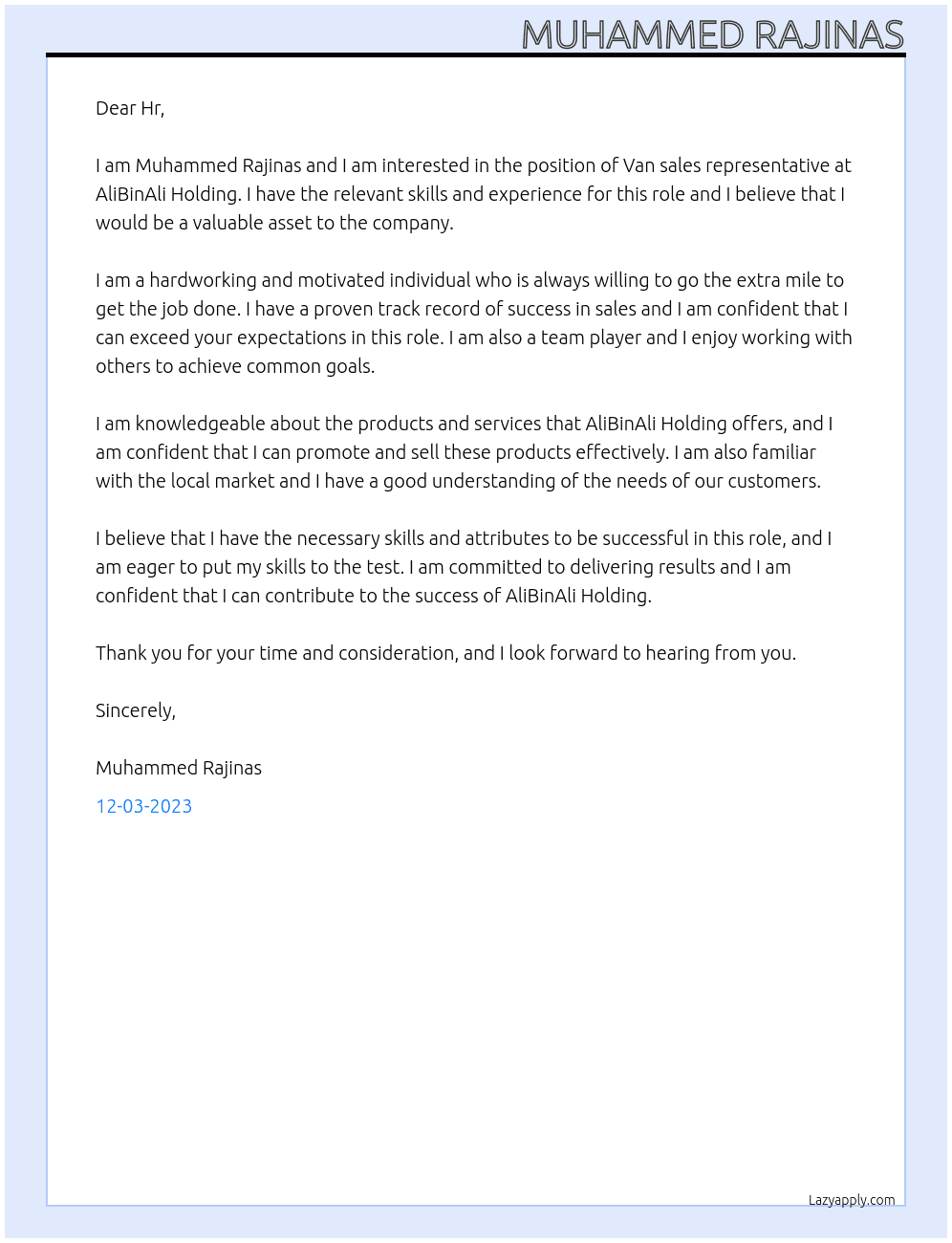 Van sales representative  At AliBinAli Holding Cover Letter