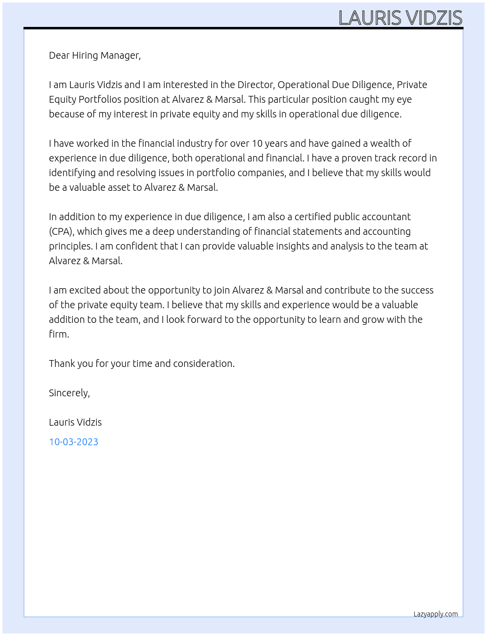 Director, Operational Due Diligence, Private Equity Portfolios At Alvarez & Marsal Cover Letter