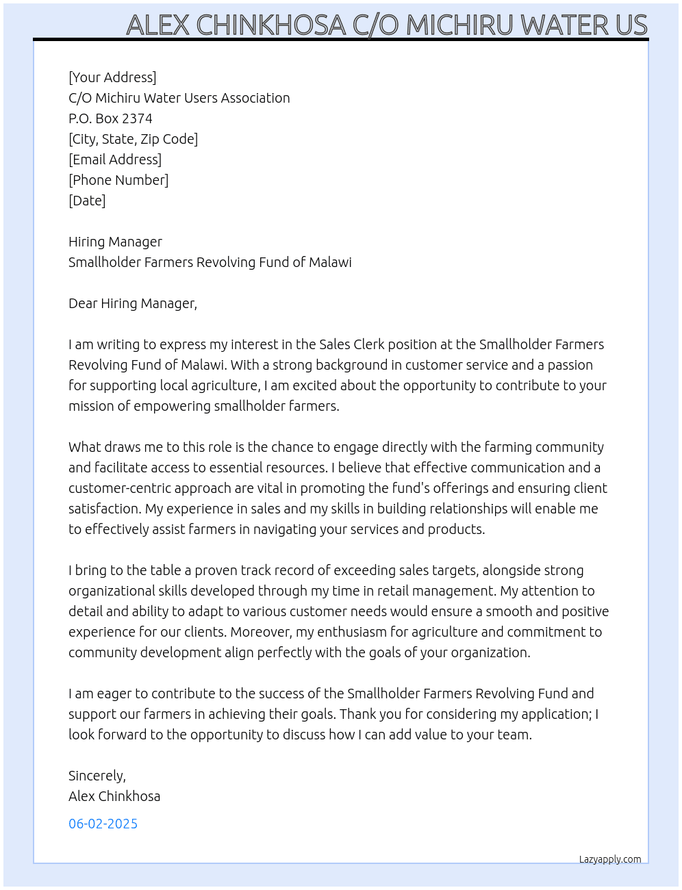 sales clerk At smallholder famers revolving fund of malawi  Cover Letter