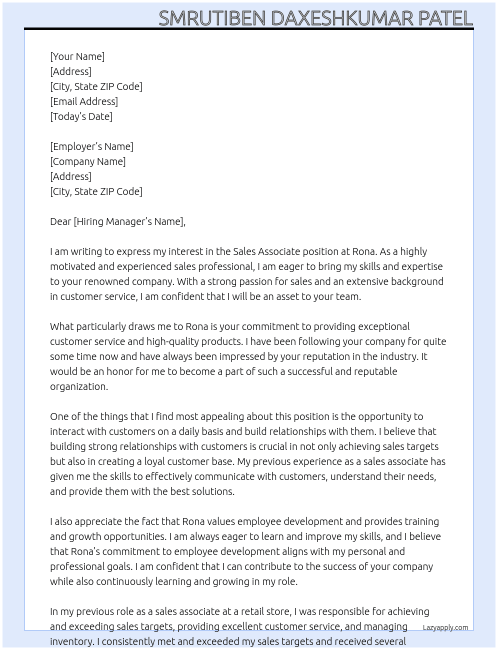 Sale associates At Rona Cover Letter