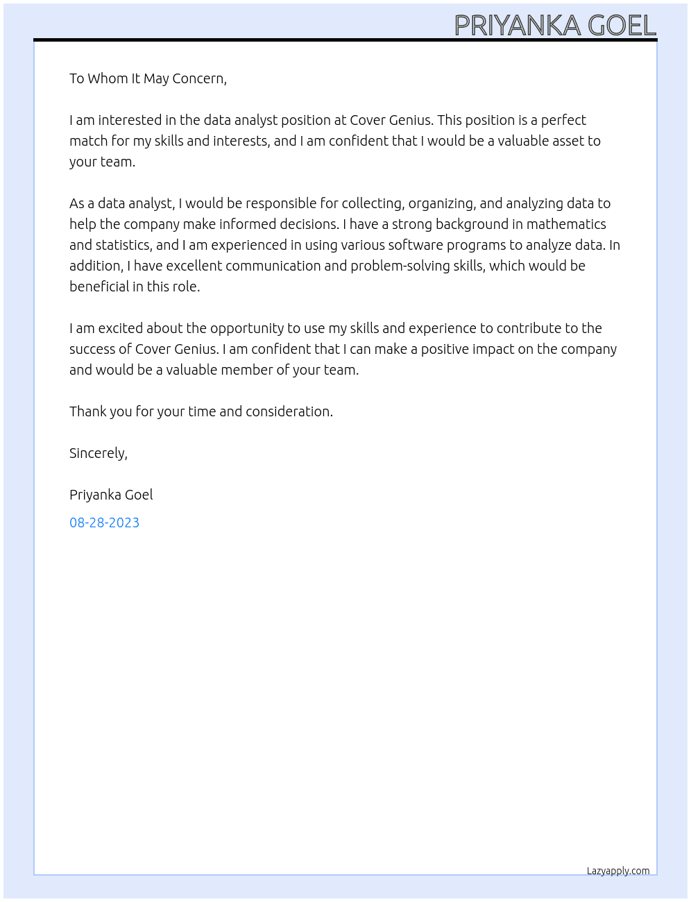 data analyst At Cover Genius Cover Letter