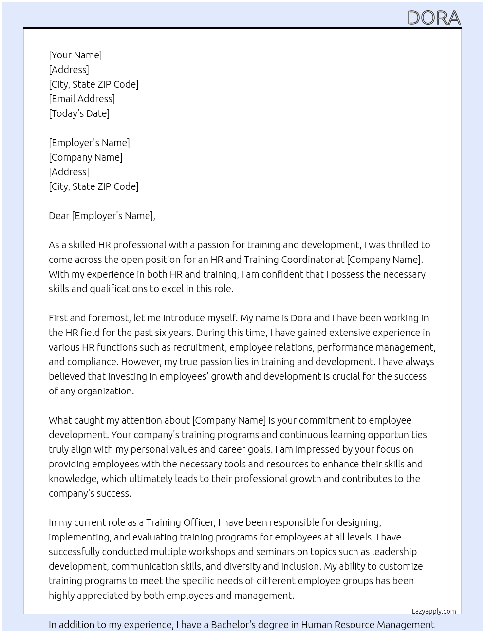 Hr and training coordinator At Anyi Cover Letter