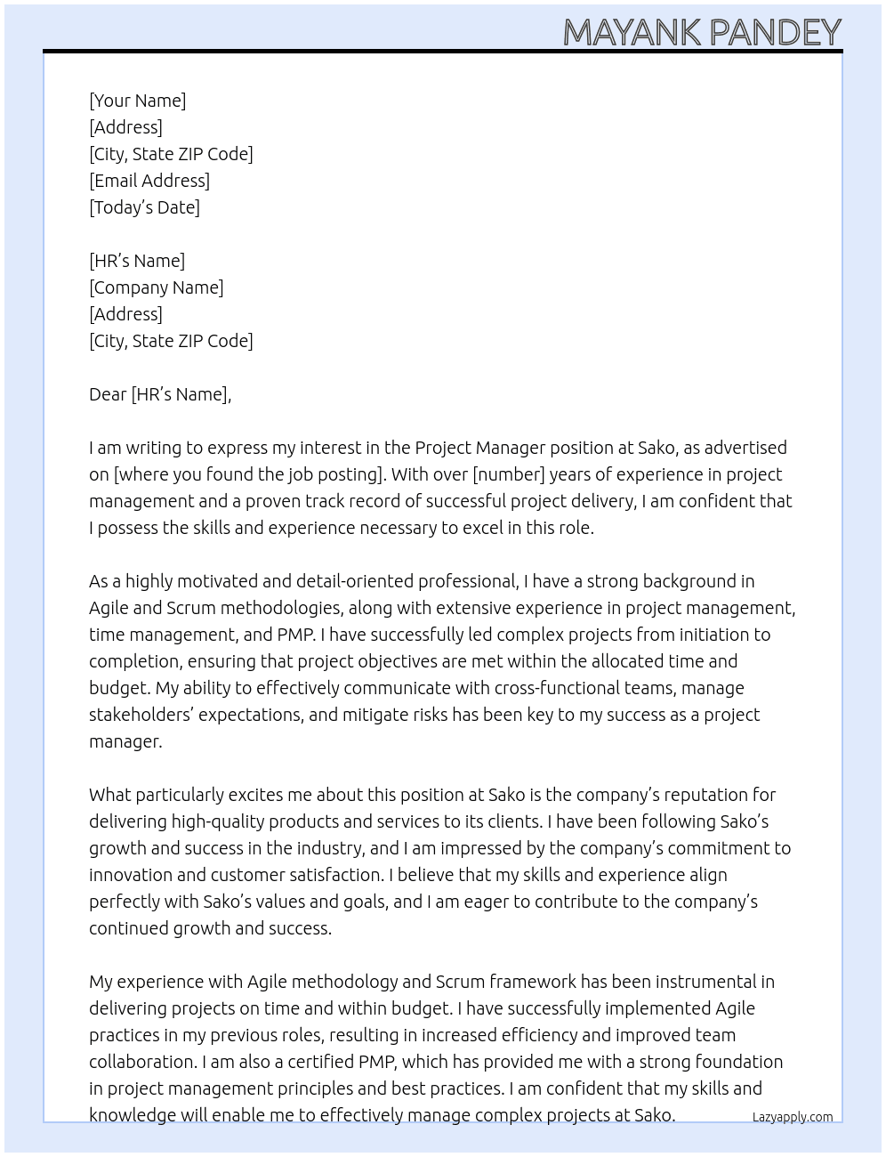Project Manager At Sako Cover Letter