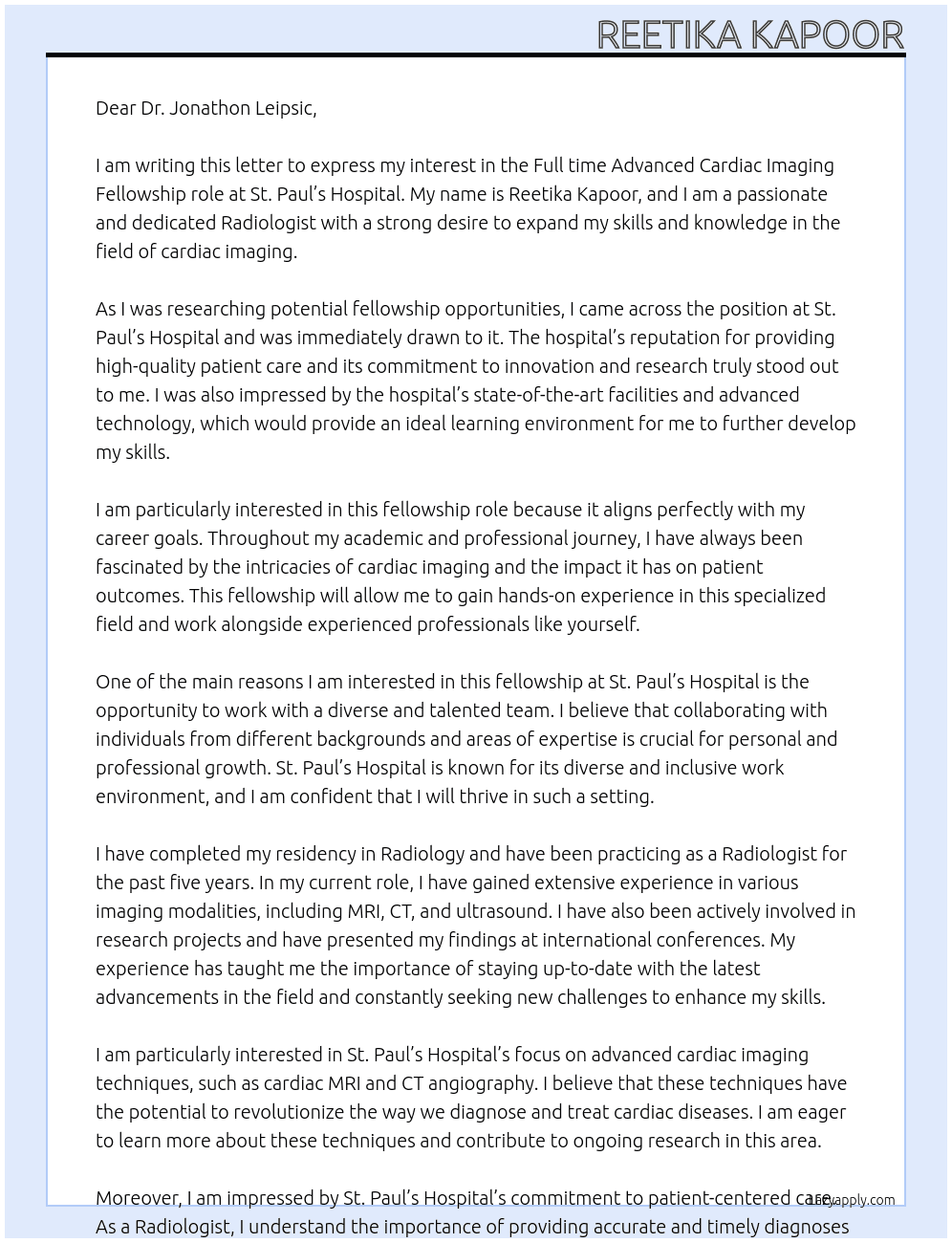 Fellowship At St Paul’s Hospital Cover Letter