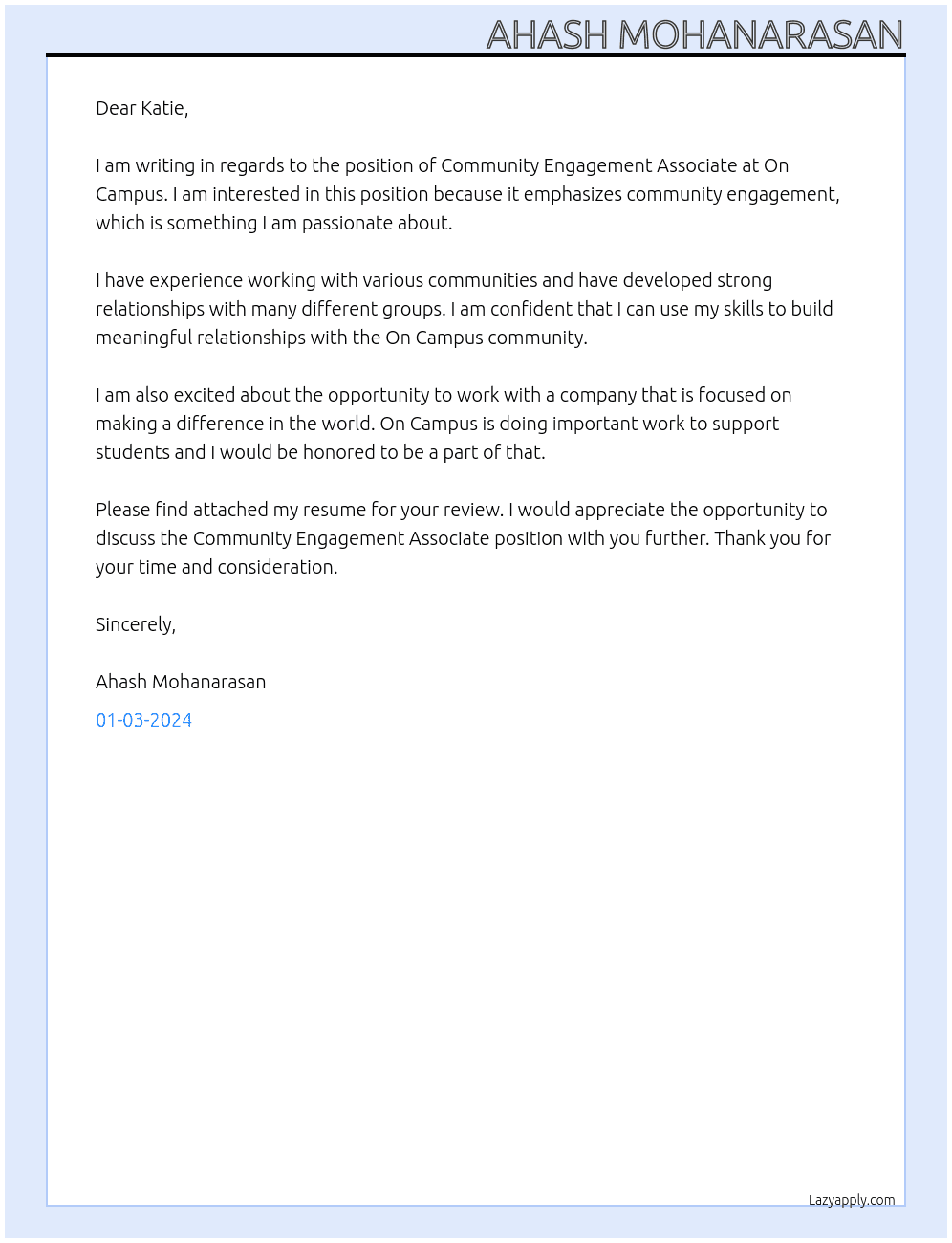 Community Engagement Associate At On campus Cover Letter