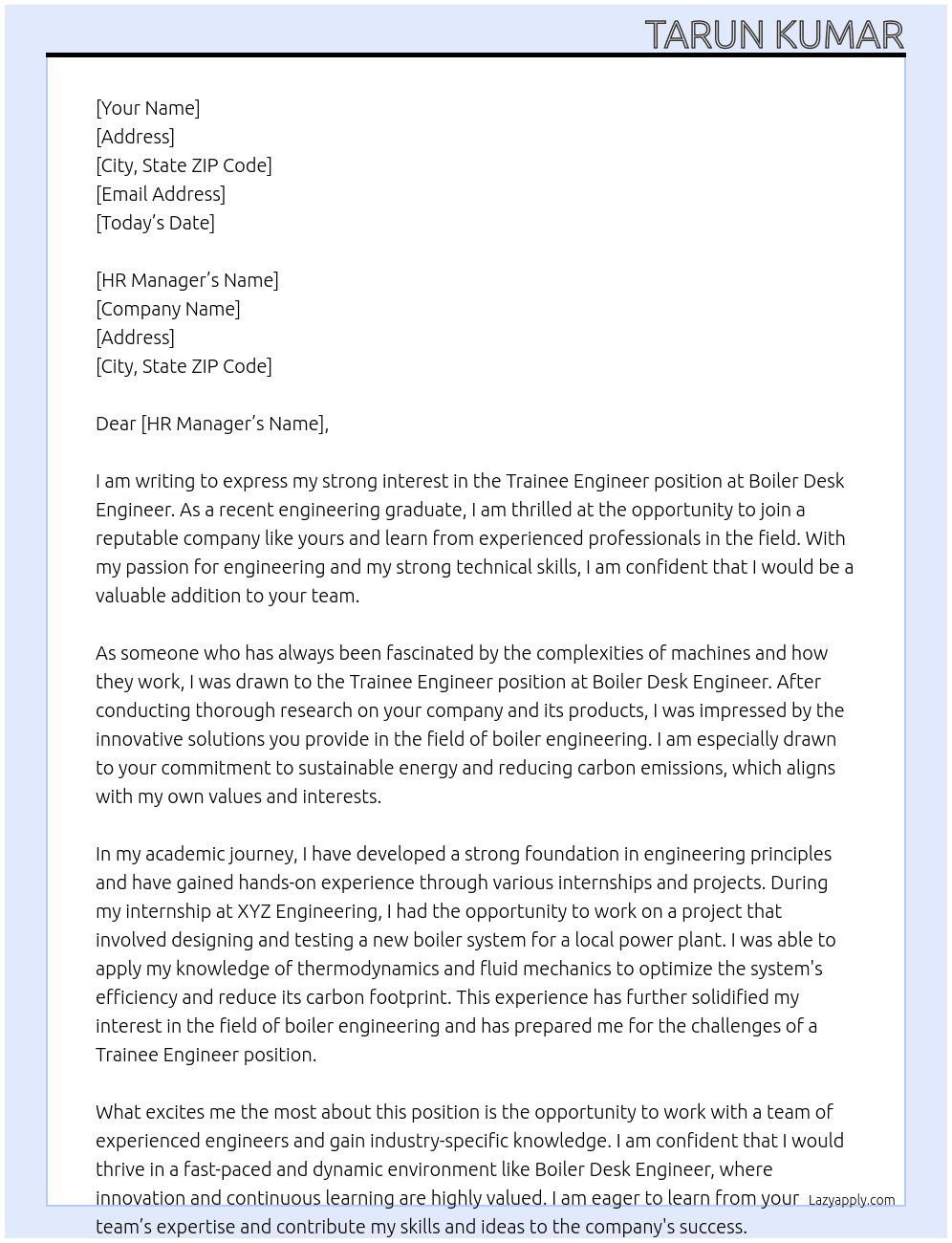 trainee engineer  At boiler desk engineer  Cover Letter