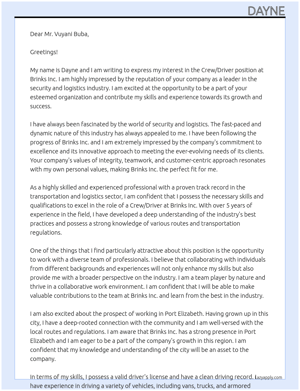 Crew /Driver  At BRINKS INC Cover Letter