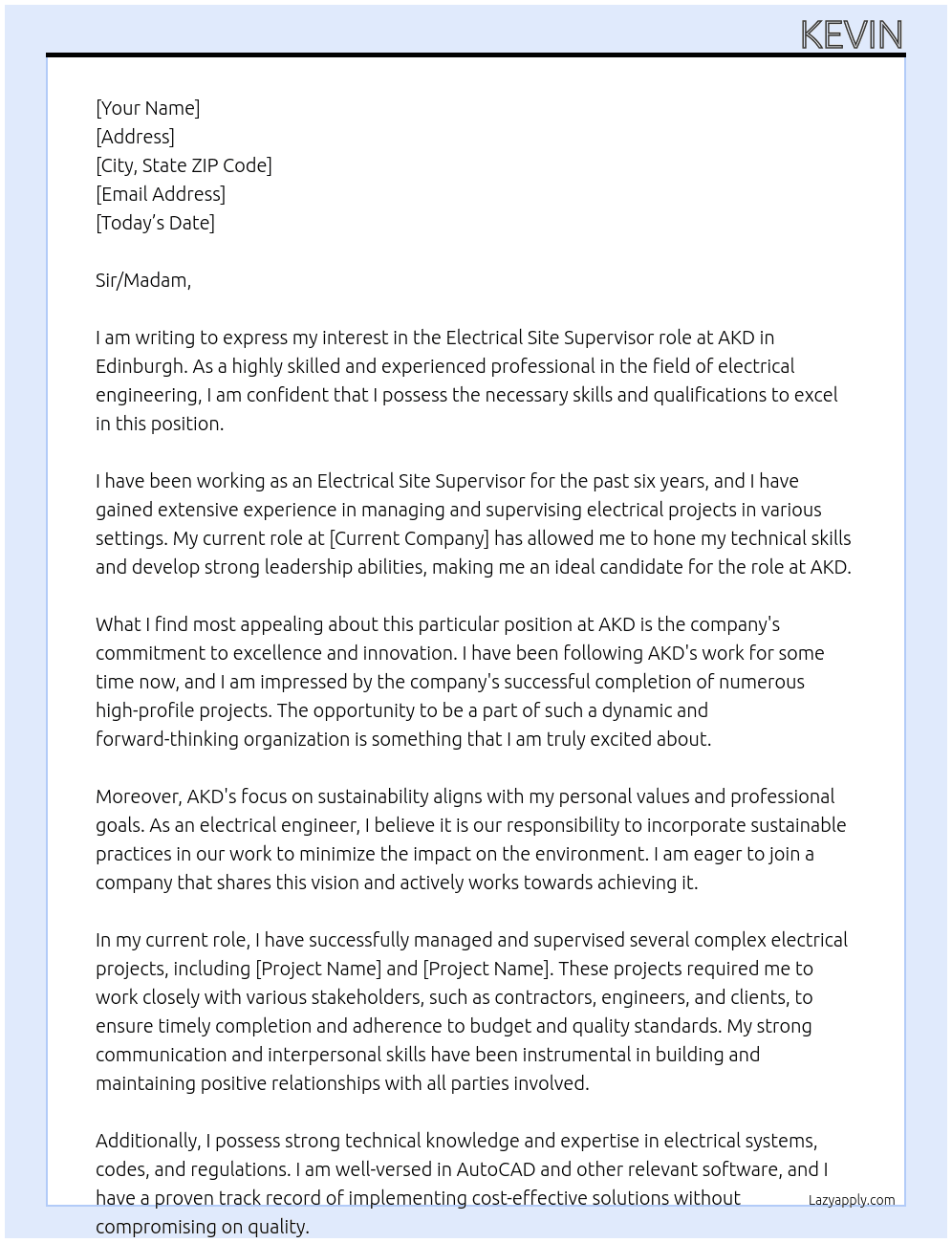 Electrical site supervisor At AKD Cover Letter