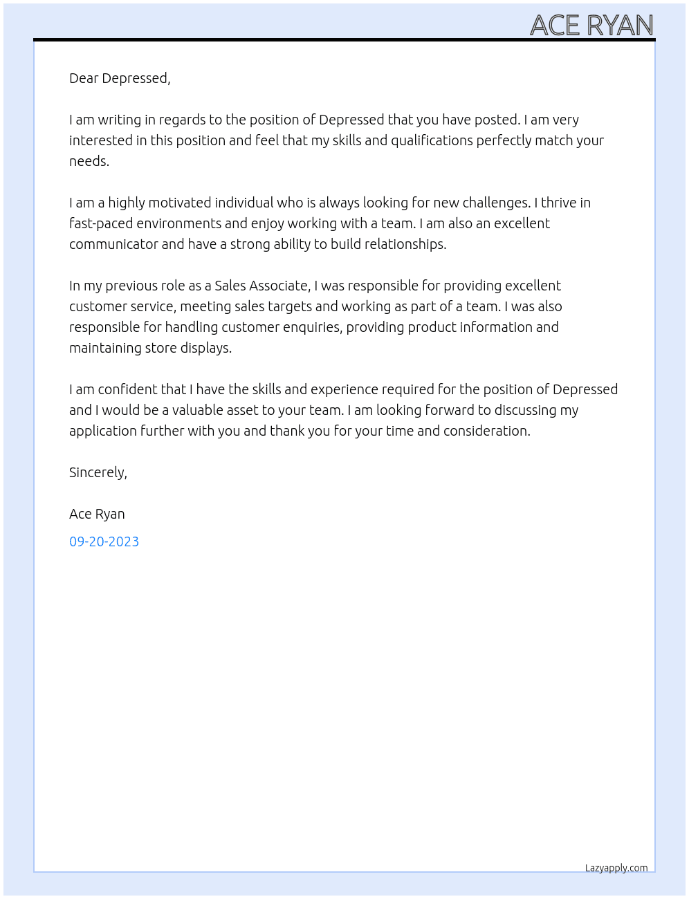 Depressed  At Depressed  Cover Letter